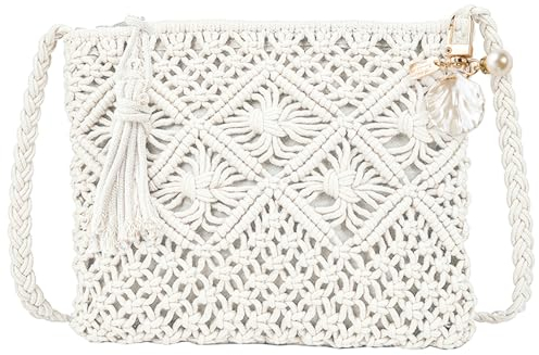 UILYNIU Weiße Umhängetasche Damen Muschel Schlüsselanhänger Handarbeit Klein Strandtasche Kleine Weiße Clutch Strohtasche Damen Weiße Handtaschen Gewebte Tasche Häkeltasche Sommertaschen Damen (Weiß)