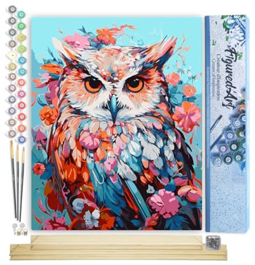Figured'Art Malen Nach Zahlen Erwachsene Mit Rahmen Bunte Eule in voller Blüte - Paint by Numbers Basteln DIY Bastelset 40x50cm Mit Keilrahmen (nicht gespannt)