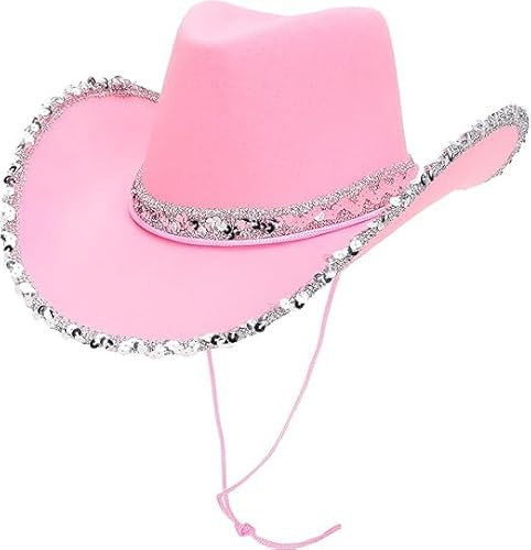 Toyland® 38 cm (15) Cappello da cowboy rosa da con finiture in paillettes argentate - Accessori per feste, concerti, travestimenti e addii al nubilato - 3 colori disponibili
