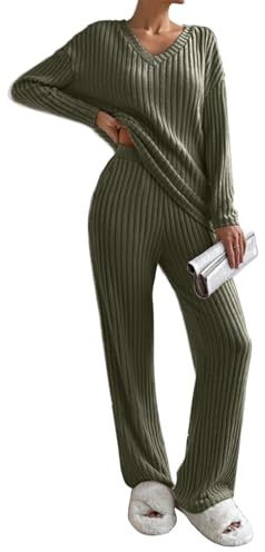 Joligiao Tuta da Donna in 2 Pezzi - Set Elegante in Maglia Con Pantaloni a Gamba Larga e Maglione Manica Corta Girocollo - Loungewear Autunnale (Verde Militare, M)