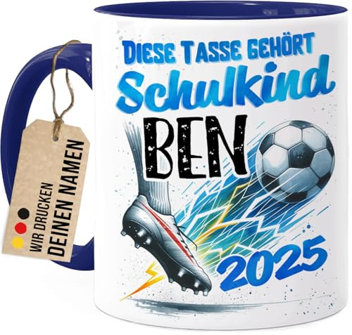 Tassenliebling® Schulkind Tasse personalisiert Junge - Blau - Geschenk zur Einschulung - Fußball Tasse - Schultüte Füllung - Schulanfang Geschenke - Grundschule Vorschule