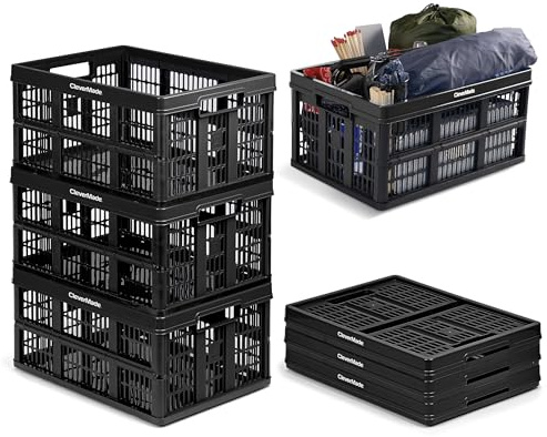 CleverMade Collapsible Utility Crates, Obsidian, 3 Pack, 45L/11 Gal, 66 lbs Capacity, Stackable Containers, Heavy Duty, Space-Saving Baskets,Polypropylene (PP)