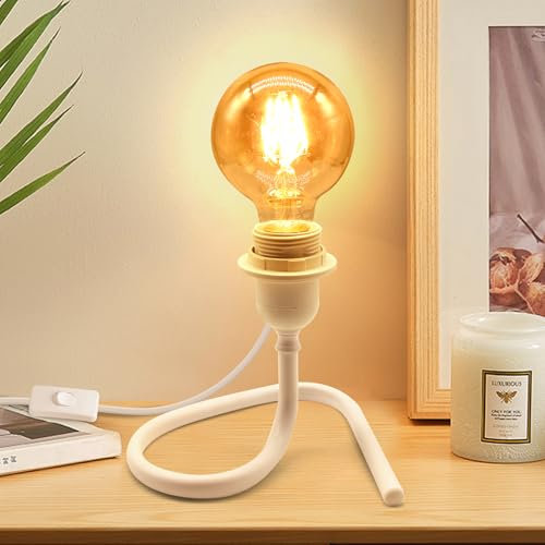 Lampe de Chevet, 240CM Câble, Douille E27 avec Interrupteur, Support Triangulaire Stable en Métal, Blanc Lampe de Table pour Lecture, Lamp de Bureau, Style Minimaliste, DIY Abat Jour, Sans Ampoule
