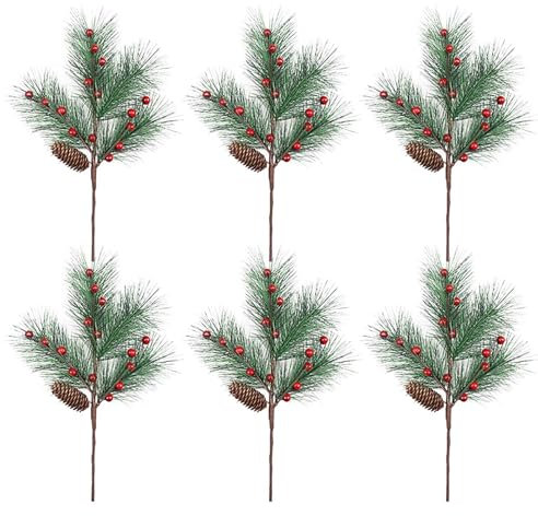Künstliche rote Beerenzweig, Weihnachtskranz, Stechpalme, künstliche immergrüne Zweige für DIY-Weihnachtsgirlande, Weihnachtsblumenarrangements (40,1 cm), 6 Stück