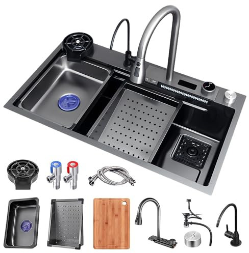 Grande lavello a cascata nera in acciaio inox, lavello da cucina integrato, con rubinetto estraibile, lavastoviglie per bicchieri, tubo di scarico, lavello da cucina (80 x 50 x 22 cm)