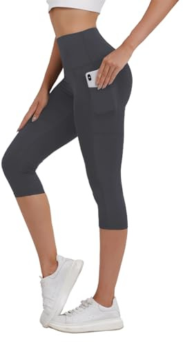 Merlvida Capri-leggings, dam, hög midja, 3/4, sportleggings med fickor, ogenomskinliga, korta sportbyxor, elastiska sportleggings, svarta, 7/8 byxor, sommar, för yoga, gym, fitness, GRÅ, XXL