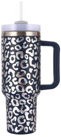 CH HIUBIE 40oz Thermobecher mit Strohhalm und Henkel,1180 ML Doppelwandiger Edelstahl Heiße Kalte Getränke Vakuum Trinkbecher, Kaffeebecher für Zuhause Reisen (Leopard dunkelblau, Milliliter, 1180ml)