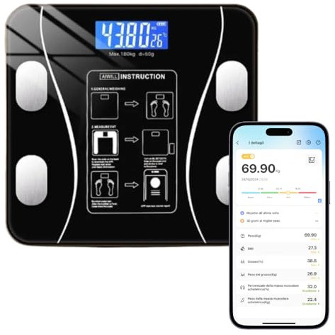 Bilancia Pesapersone Bluetooth 180kg con App Monitoraggio Completo della Composizione Corporea