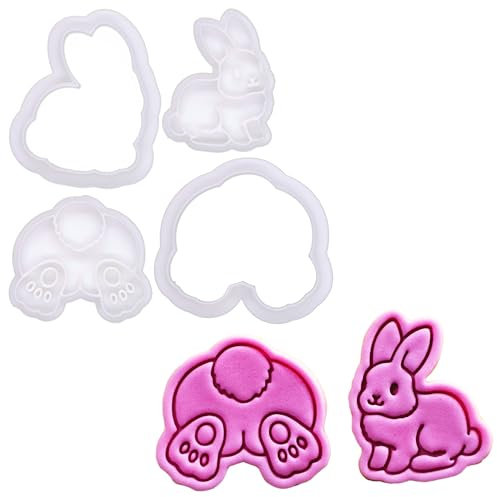 BAKERLOGY Bunny Trails - Mini Set de 2 Emporte-pièce et Tampon - Lapin de Pâques & Lapin Fluffy pour Biscuits de Pâques & Printemps, Cupcakes & Décorations en Fondant