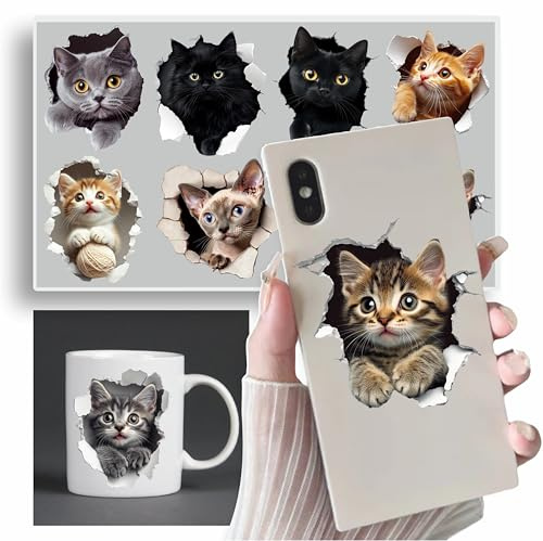 Cute Peeking Cat Vinyl Decals, Kitten Stickers for Walls, Bedroom and Phone | Cover Marks, Opaque Finish, No White Edges, Weatherproof, UK Manufactured, Qty:8, 70mm, Use on Suitcase, Bin, Car and Laptops