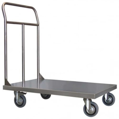 Carrello pianale acciaio inox cm.90x60xh100 un manico 4 ruote Kg.350 trasporto in cucine ospedali pescherie lavanderie 042AF-INOX