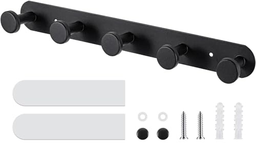YUNYU Patère robuste en acier inoxydable auto-adhésif, sans perçage, montage mural, crochet de porte noir avec 5 crochets pour salle de bain, chambre et cuisine, organisation de rangement