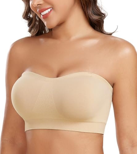 Curyon Damen Trägerloser BH ohne Bügel rutschfeste Silikonstreifen abnehmbare Polster bügelfrei Röhren BH mit Zwei abnehmbare Träger Beige M