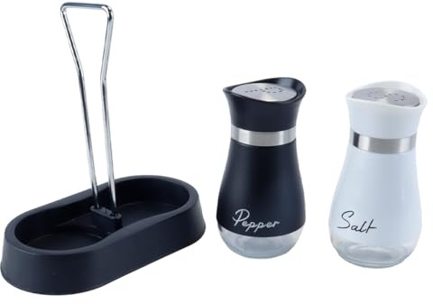 Enwye Ensemble Salière Et Poivrière avec Support, Salière Rechargeable, Ustensile De Cuisine pour Comptoir, Décoration De Table Moderne (Noir + Blanc)