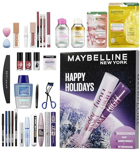 Maybelline New York Adventskalender 2025, Mit 31 Türchen für den gesamten Dezember, 26 Originalprodukten & 5 Goodies, inkl. 2 Sky High Mascara + 4 Garnier Skincare Produkten