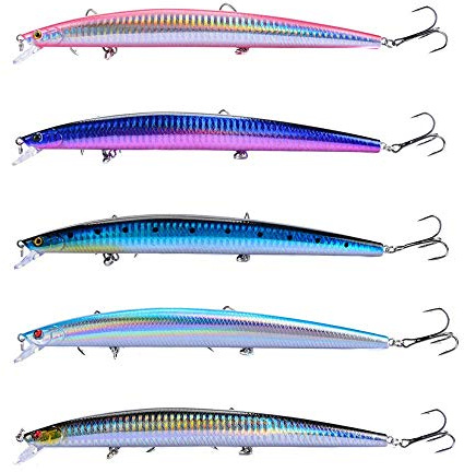 Hitchuey Juego de 5 señuelos de superficie, señuelos duros, cebos biónicos para pesca de bajos, agua salada y agua dulce (18 cm, 24 g)