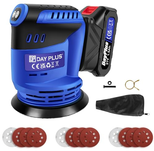 Cordless Random Orbital Sander with 12pcs Sandpapers, Lightweight 125mm Electric Sander with 1500mAh Battery for Home Furniture Wood Steel Sanding Polishing, Blue