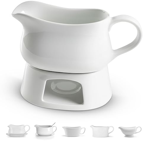 Kook Gravy Boat & Warmer, Ceramic Serving Dish, Dispenser with Warmer for Sauces, Dressings and Creamer, Large Handle, Microwave and Dishwasher Safe, 17oz, White