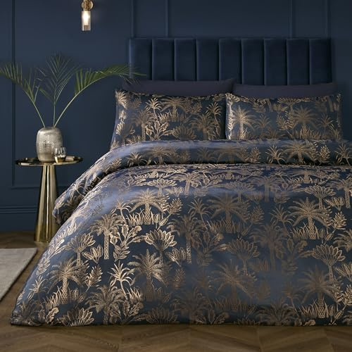 Soiree Midnight Palm Double Duvet Cover Set, 100% Recycled Polyester, 200x200cm, Navy, Jacquard Palm Tree Pattern with Metallic Yarn