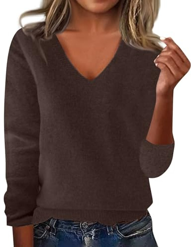 Autumn Jumpers for Women UK Women Cashmere Jumpers V Neck Long Sleeve Solid Color Pullover with Ladies A Base Shirt Autumn Winter Loose Warm Sweater Jumper for Womens UK Brown S