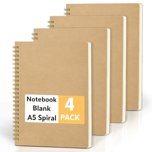 JSQJ Cuaderno Espiral A5 Pack de 4 - Libreta de Notas en Blanco 160 Páginas Papel Blanco 80g Cubierta de Kraft Bloc de Notas para Escuela Universidad Oficina Viaje