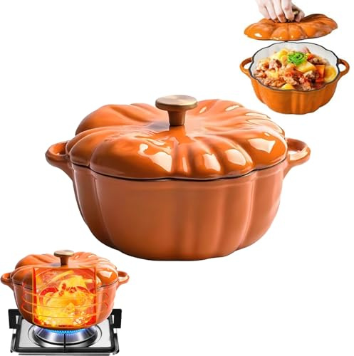 1,5L Kürbis Holländischer Ofen Topf mit Deckel, Schmortopf Emailliertem Gusseisen Süße Kürbisform, Antihaftbes Pfanne Kochtopf in Kürbisform, Kürbis kochtopf für Sieden Eintopf Verschiedene Herdarten