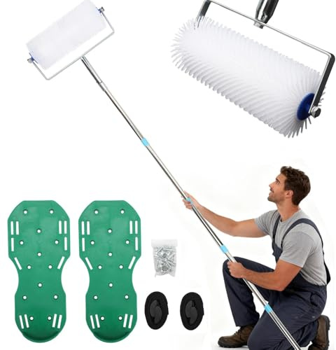 BigKing Kit de herramientas para cemento autonivelante, rodillo de burbujas de cerdas de poliéster de 23 cm, barra telescópica de 196 cm, zapatos con clavos, para compuestos autonivelantes y