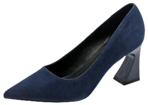 Qynthra Zapatos de Corte Clásicos Mujer Ante Punta Afilada Pumps Tacón Ancho Grueso Tacones de Vestir Urbanos de Lujo Ajuste Ancho Zapatos de Tacón de Oficina para Estilo Laboral,Blue 5cm,34 EU