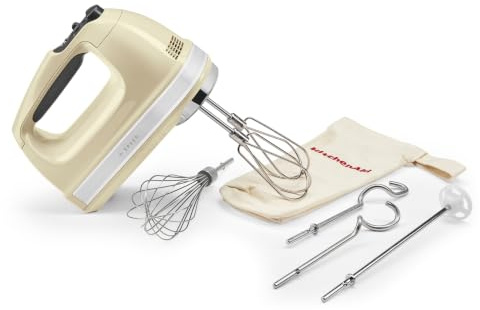 KitchenAid 9-Speed Hand Mixer, 85W Quiet DC Motor with Soft Start, 6 Accessories – Beaters, Whisk, Dough Hooks & Mixing Rod, Swivel Cord, Storage Bag Included, Almond Cream