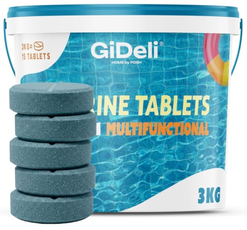 GiDeli Galets de Chlore Piscine Multifonction 3kg - Tablettes 200 g Longue Durée 4-en-1 - Anti-Algues, Stabilisé UV, Floculation - Hors-Sol, Tubulaire et Enterrée