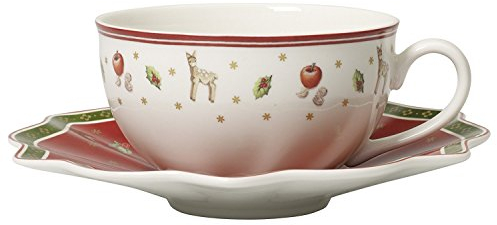 Villeroy & Boch Milchkaffeetasse, Untertasse, Hartporzellan, Weiß / Rot, 22 x 16 x 8 cm