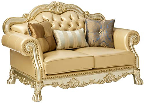 Acme Dresden Loveseat w/3 Pillows in Bone Synthetic Leather & Gold Patina