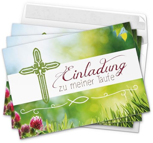 10 x Einladung zur Taufe/Einladungskarten mit Umschlag im Set/Einladung zu meiner Taufe Blauer Frühlingswiese/Baby Taufkarte/Grußkarte/Postkarte /