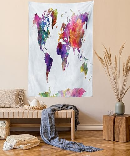 ABAKUHAUS Aquarell Wandteppich, Bunte Weltkarte aus Weiches Mikrofaser Stoff Waschbar ohne Verblassen Digitaldruck, 150 x 110 cm,Lila Magenta