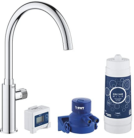 GROHE 30387000 Robinet de cuisine sans mitigeur avec système de filtration complet Blue Pure Mono, filtre charbon actif, goût premium, bec en forme de C (Import Allemagne), Chromé