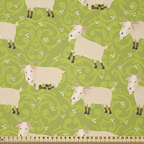 ABAKUHAUS Ziege Stoff als Meterware, Cattle Charaktere Ornament, ausdehnbar mit Elestan für Heimwerkarbeiten und Näharbeiten, 1Meter, Gelb Grün