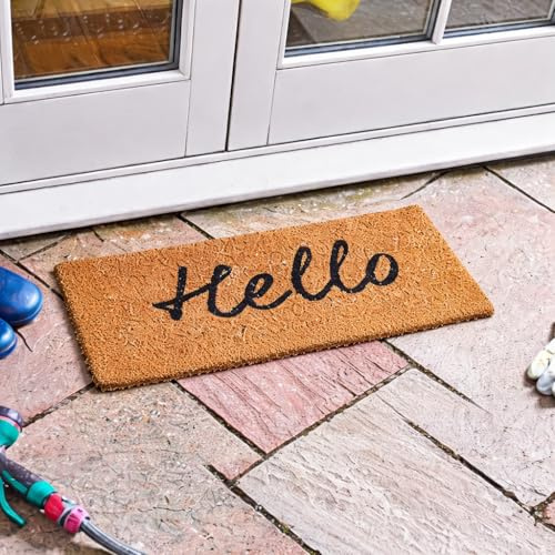 HomeZone Hello Door Mat 53 x 23 cm, Natural Coconut Fibre Non-Slip