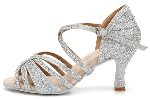 HROYL Scarpe da Ballo Donna Latino Salsa e Bachata Scarpe Ballo da Sala,L356-7.5,Argento,EU 43