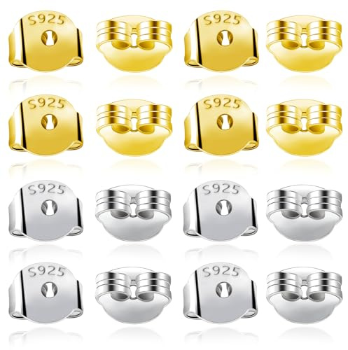 TOAOB 20 Piezas Tuercas de Pendientes Plata de Ley 925 Tono Oro Plata 5 mm x 5.5 mm Cierres Tapón de Seguridad Tope Posterior Mariposa Tamaños Universal para Hacer Joyería Fabricación de Joyas