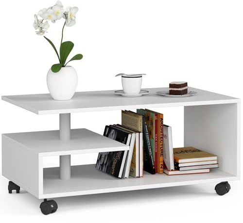 AKORD | Tavolino Vini su Ruote da Caffè in Legno | Tavolo Salotto Moderni | Credenza per il Soggiorno | Arredamento Casa | Tavolini a 3 livelli | Piano in laminato 16mm | 90 x 40 x 51 cm | bianco
