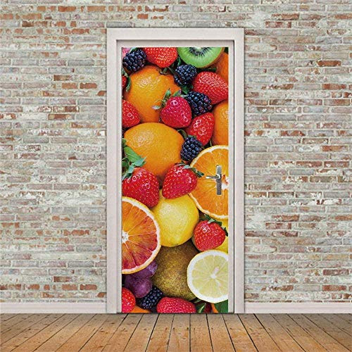 Murales Poster Per Porte 90X200Cm Frutta Arancio Fragola Mirtillo Carta Da Parati Adesivo Per Porta 3D Autoadesivo Fotomurali Impermeabile Decalcomanie Famiglia Soggiorno Bagno Decorazione