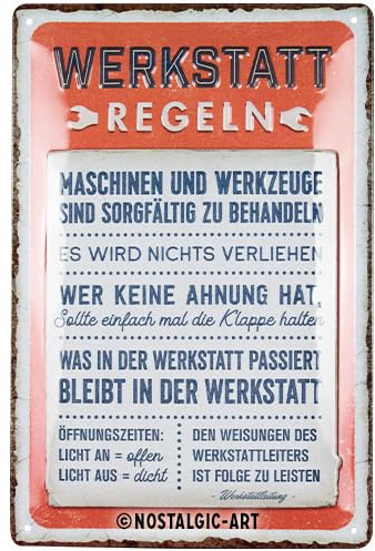 Nostalgic-Art Retro Blechschild, 20 x 30 cm, Werkstattregeln – Geschenk-Idee für Handwerker, aus Metall, Werkstatt-Deko im Vintage Design mit Spruch, Blechschilder Sprüche