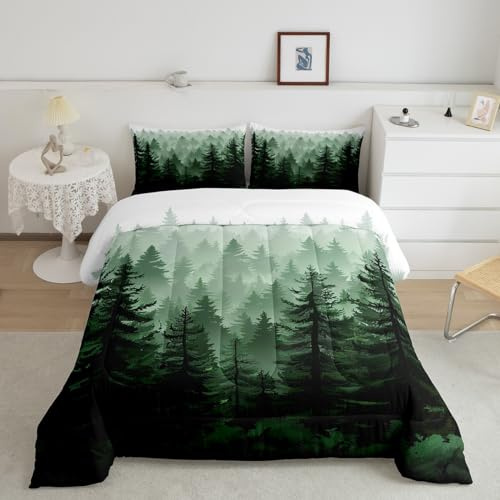 Feelyou Fog Forest Comforter Botanical Pine Trees Comforter Set for Boys Girls Children Watercolor Style Green Comforter Set Room Decor Twin Size Duvet Set 2Pcs