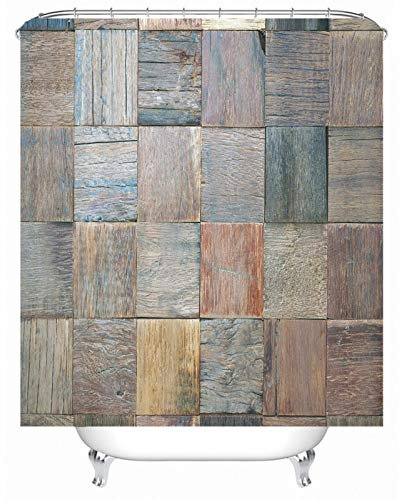 EHOMERY Tenda Doccia XXL Tenda Finestra Bagno S Tavola di Legno Tenda Doccia A Ombrello per Doccia Tende Lino per Bagno Polyester Marrone con 12 Anelli di Sospensione, 180X200Cm