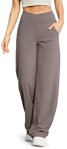 G4Free Yoga Pants for Women Wide Leg Joggers Trousers Crossover High Waist Loose Stretch Work Dress Casual Lounge Pants with Pockets(Petite,Taupe,M)