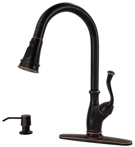 APPASO Oil Rubbed Bronze Kitchen Faucet with Soap Dispenser, Stainless Steel Kitchen Faucet with Pull Down Sprayer 3-Function High Arc Single Handle Bronze Kitchen Sink Faucet