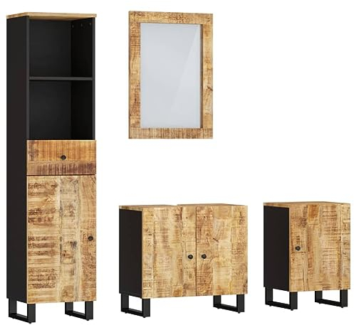 vidaXL Badmöbel Set 4 tlg., Waschbeckenunterschrank mit Holzbeinen, Spiegel für Badezimmer, Badspiegel Badschrank Badezimmerschrank Hochschrank, Massivholz Mango