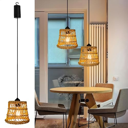 Vintage Hängeleuchte Batterie Lampe mit Akku E27 Innen Deckenleuchte Pendelleuchte Esstisch Rattan Deckenlampe Boho Bambus Nachttischlampe Wasserdichte Außen Laternen für Garten Balkon Camping Küche