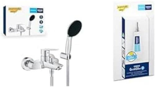 GROHE Start QuickFix & QuickGlue S – 1 Lever Bath Filler Mixer Tap Set (Diverter: Bath/Shower, Round 11cm Hand Shower 1 Spray: Rain, Wall Holder, Shower Hose 1.5m, Water Saving), Chrome, 25283002