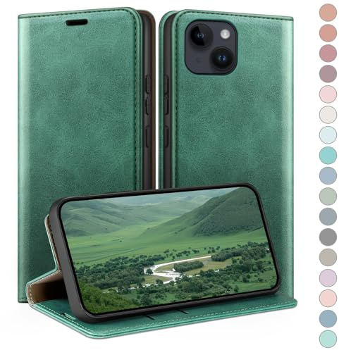 HUOUH for iPhone 13 5G 6,1 Wallet case with RFID Blocking PU Leather,Credit Card Holder,Flip Folio Book Phone cases Shockproof Cover Women Men for Apple 13 case Sea Green